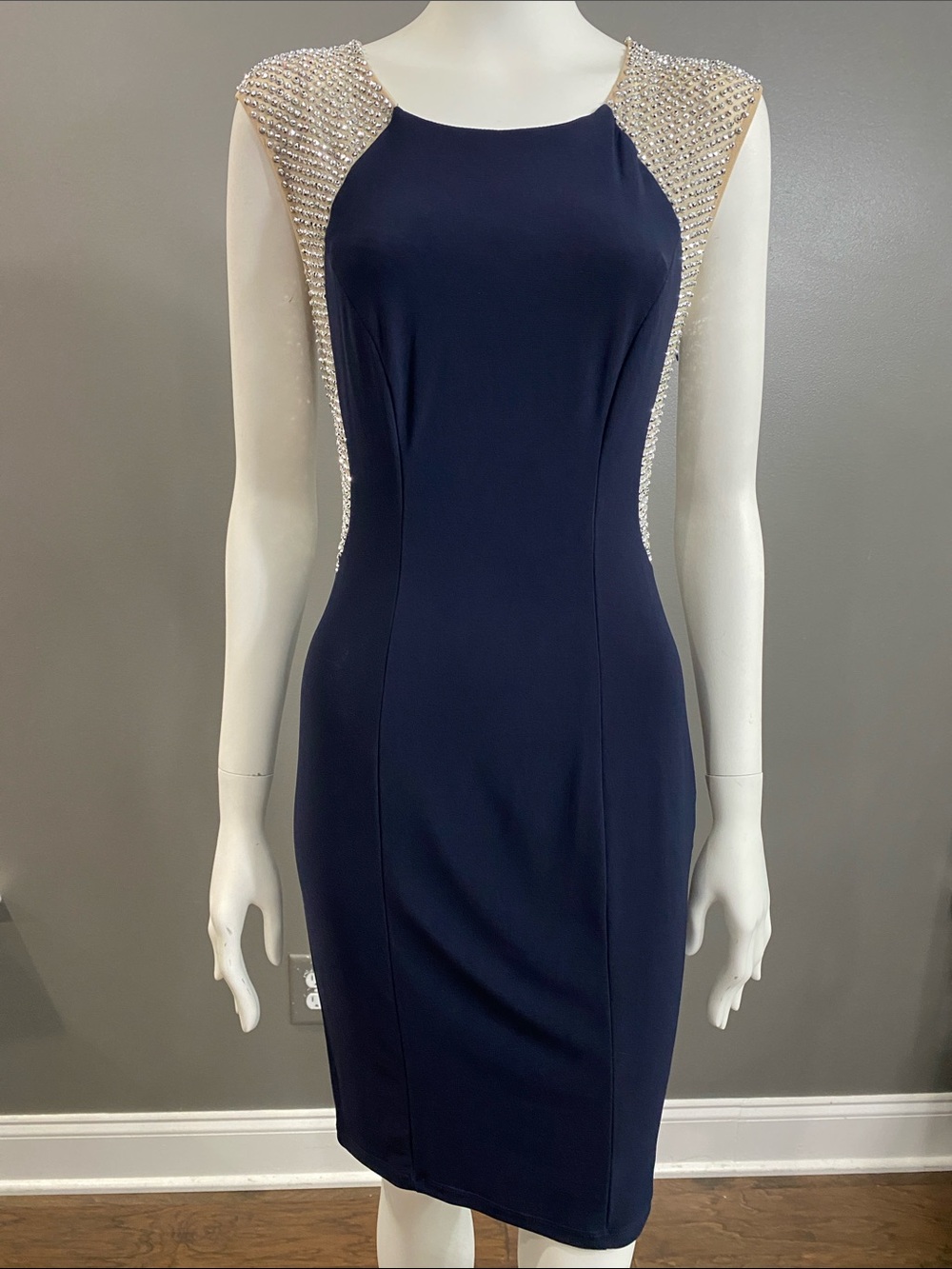 Xscape Navy Sheath Dress with studded rhinestone Size 4